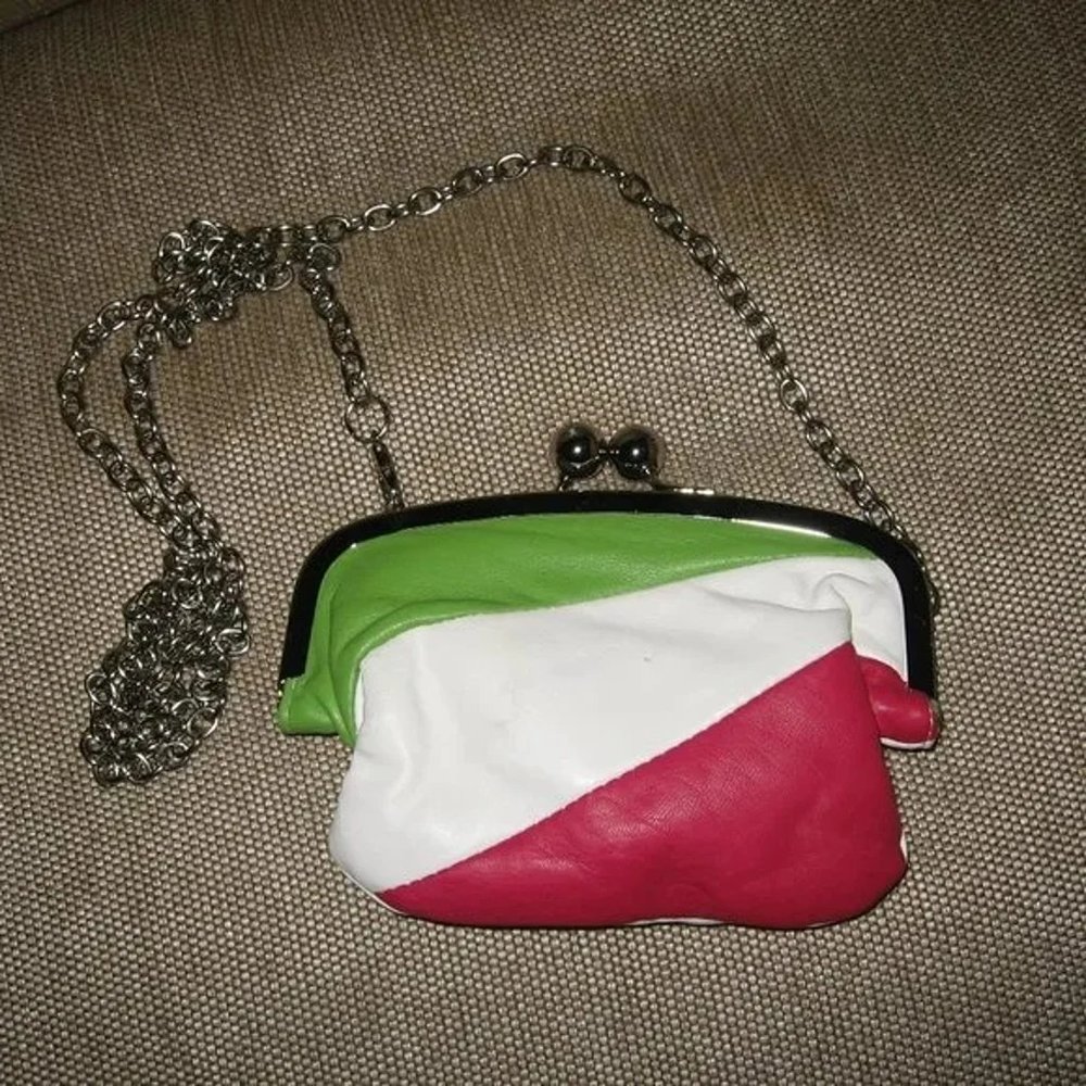 ❤️SOLAS GREEN WHITE PINK LEATHER KISSLOCK CROSSBODY MINI BAG CHARGER +Wallet